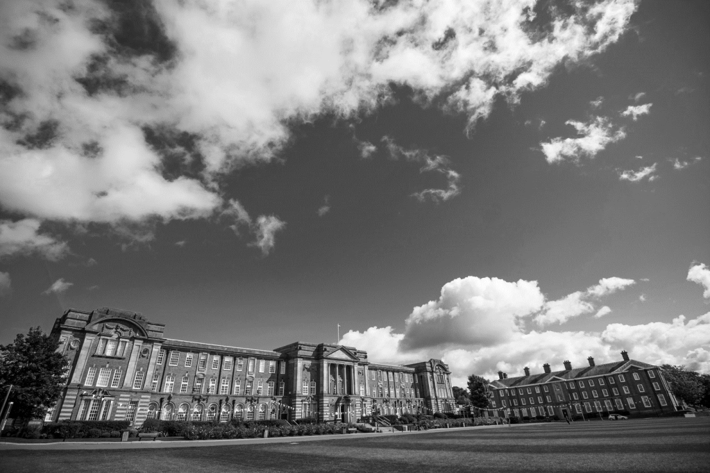 Black & white photograph of Leeds Beckett Library building at Leeds Beckett University's Headingley Campus