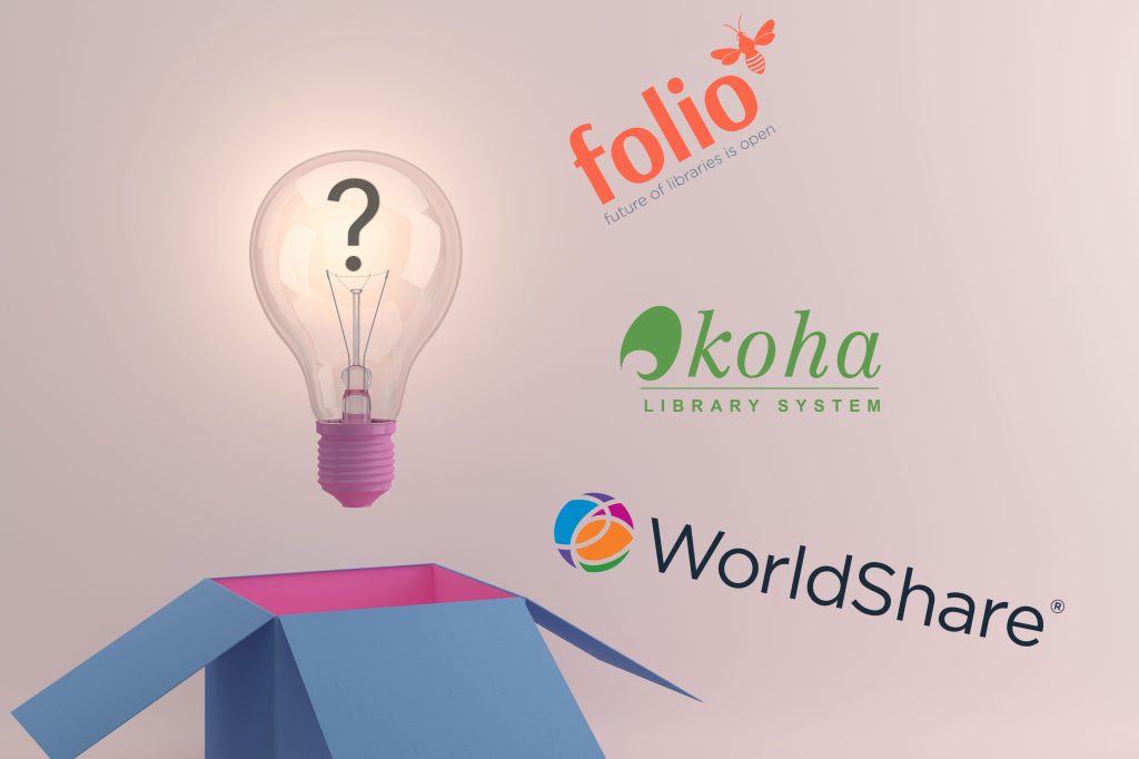 Graphic of a lightbulb with a question mark centre emerging from an open box, alongside the logos of OCLC Worldshare Library System, Koha Library System and Folio Library System.